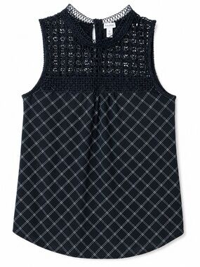 Maurices Plaid Crochet Yoke Sleeveless Blouse Top Lace High Neck Dark Academia